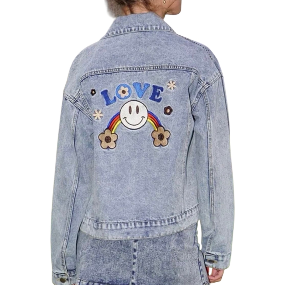 Miss Sparkling LOVE Rainbow Embroidered Denim Jacket Smiley Boho XL